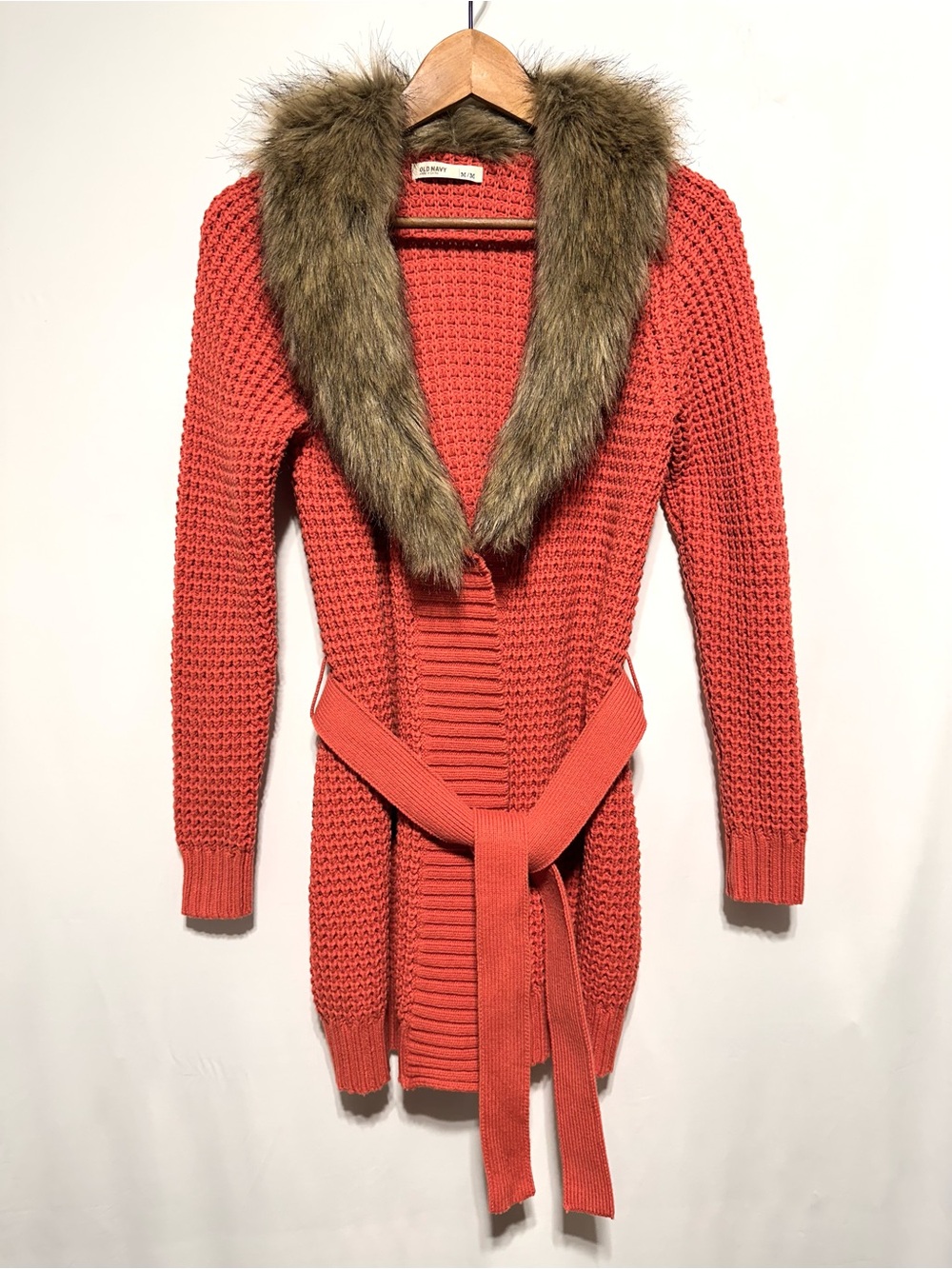 Old Navy Coral / Salmon Pink Faux Fur Collar Belted Long Cardigan Size M Fall